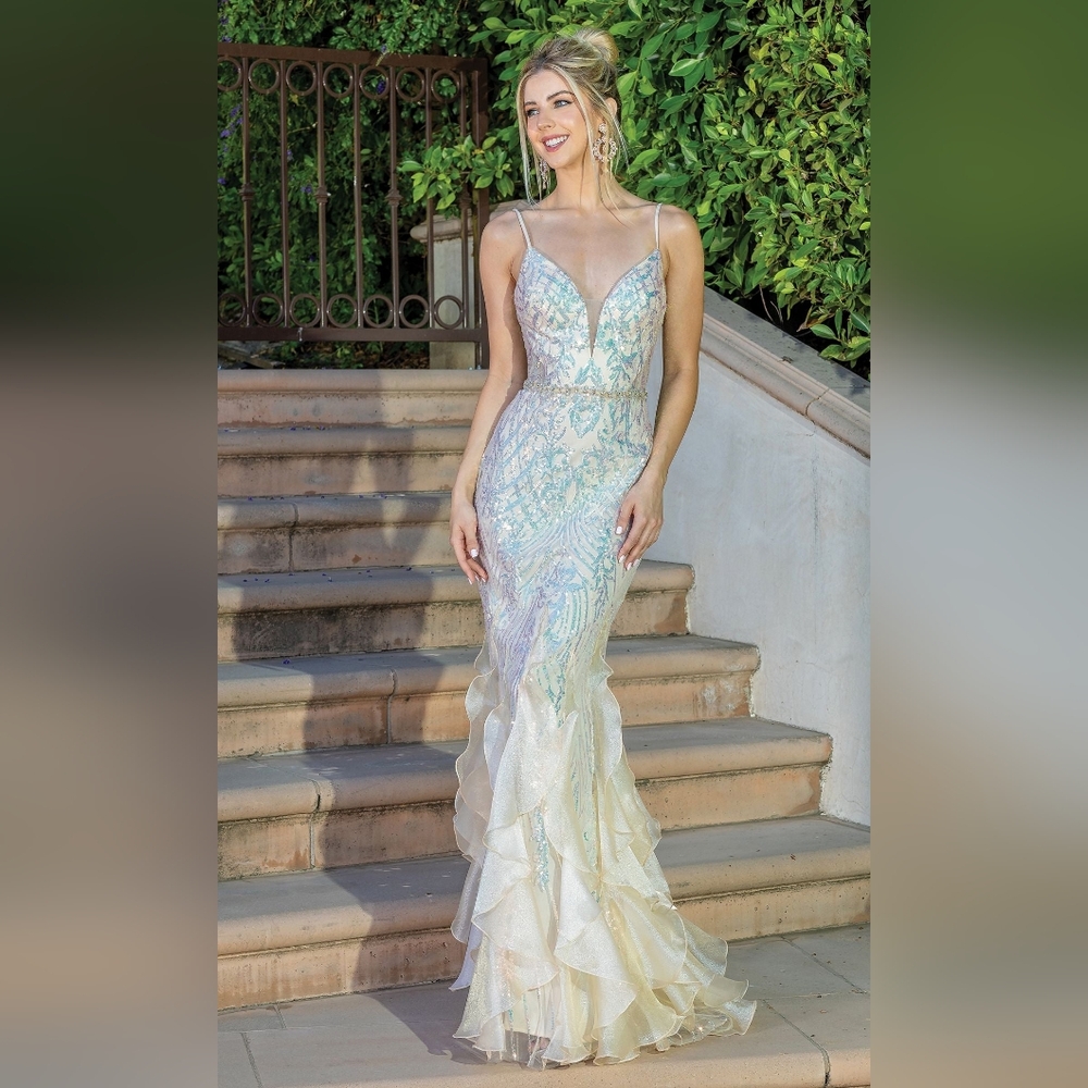 Long Sequin Mermaid Prom Dress with Ruffles